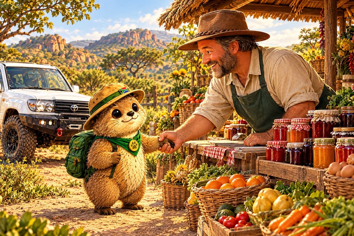 Rekkie shaking hands with a farm-stall owner beside his white Land Cruiser