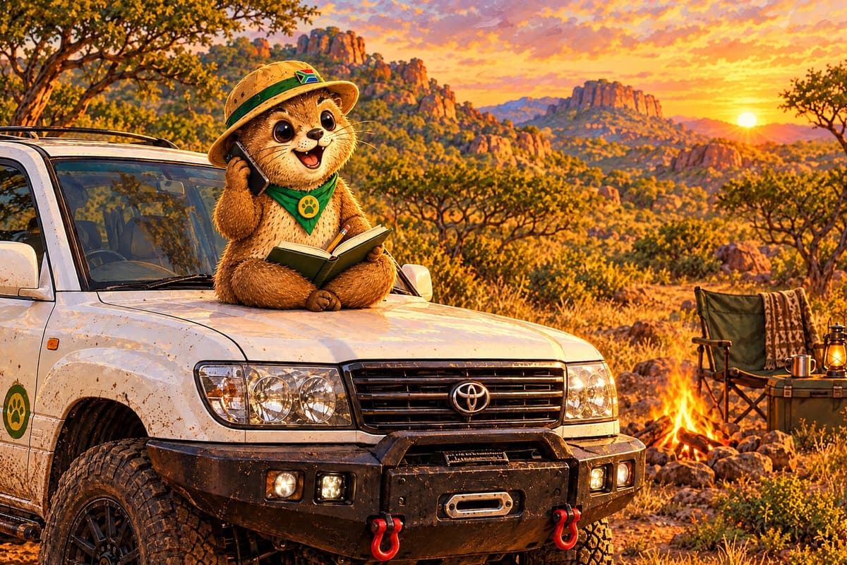 Rekkie on the bonnet of his white Land Cruiser at a bushveld camp, chatting on the phone