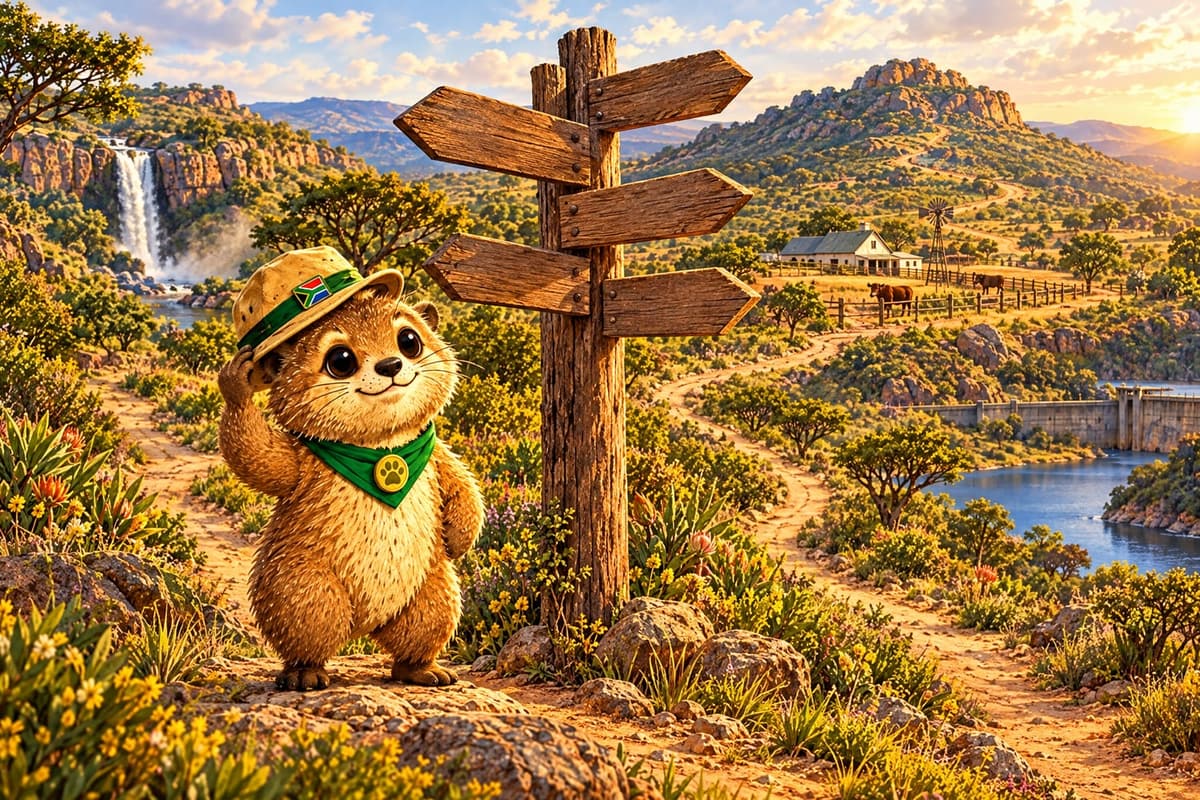 Rekkie at a crossroads signpost with trails leading to a waterfall, a farm and a dam