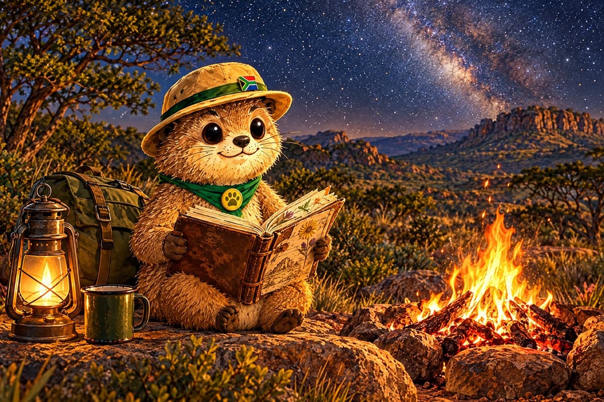 Rekkie reading his field journal by a campfire under the stars