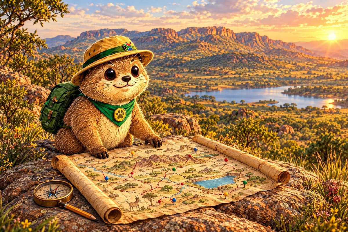 Rekkie unrolling his hand-drawn adventure map on a koppie above a dam