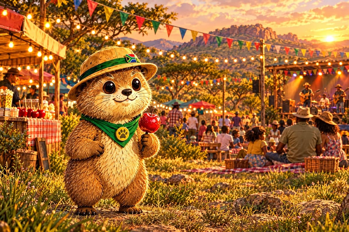 Rekkie with a toffee apple at a family festival under fairy lights