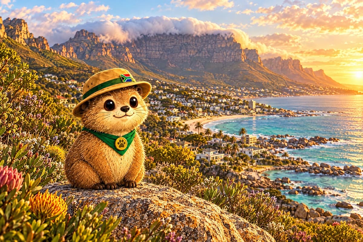 Baby Rekkie on a boulder above Camps Bay with Table Mountain behind him
