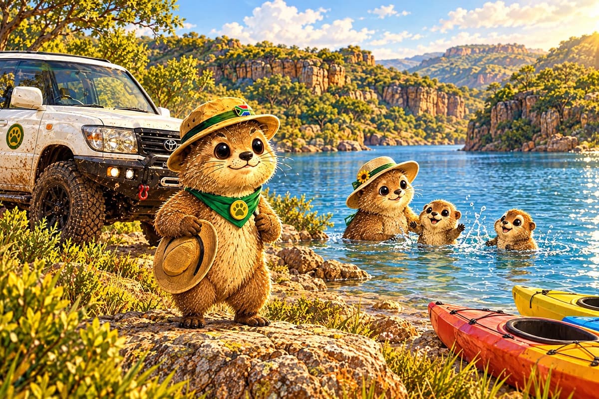Rekkie on the shore of Bass Lake beside his Land Cruiser while his family swims