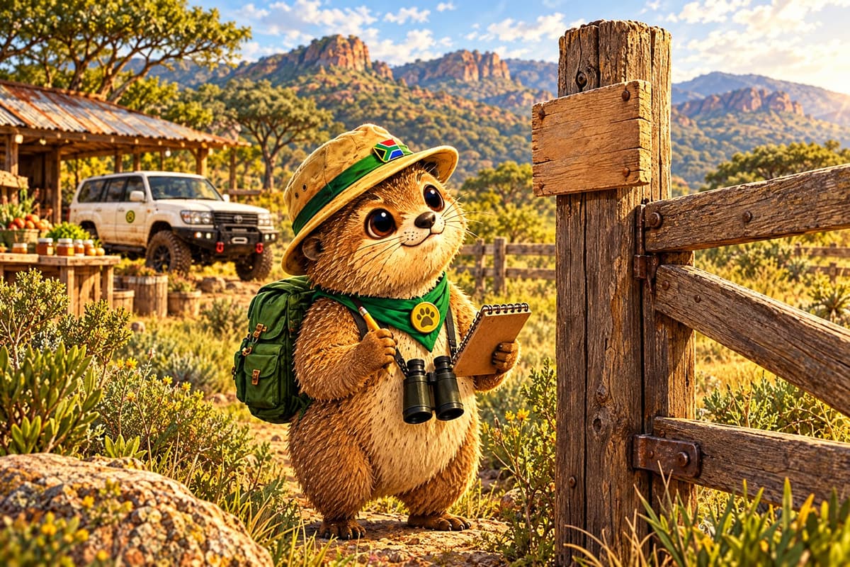 Rekkie with notebook and binoculars checking a sign at a farm gate