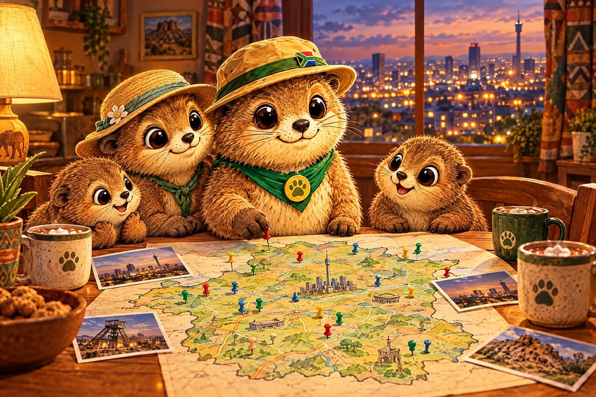 Rekkie and his family pinning places on a big hand-drawn map at the kitchen table
