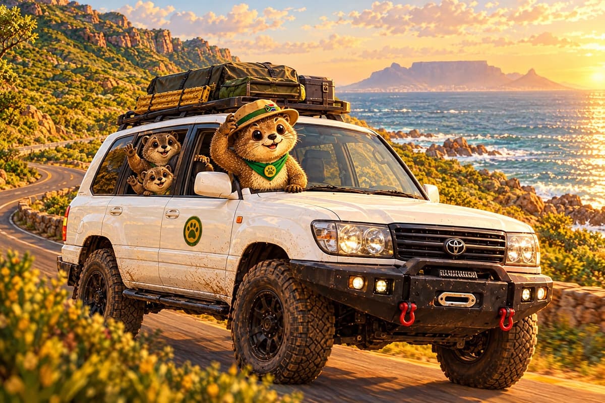 The Land Cruiser on a coastal road at golden hour with Table Mountain far ahead