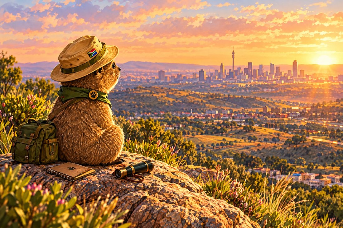Rekkie the dassie scout on a koppie at golden hour, looking out over the Joburg skyline